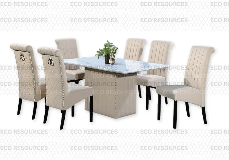 Luxury Marble Dining Table Set with Easy-Clean Fabric High Back Chairs - Image 2