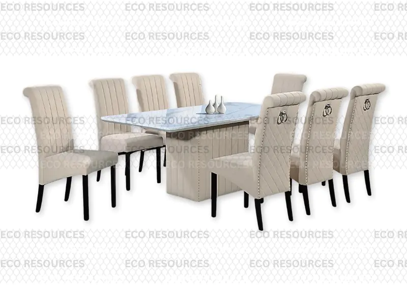 Luxury Marble Dining Table Set with Easy-Clean Fabric High Back Chairs